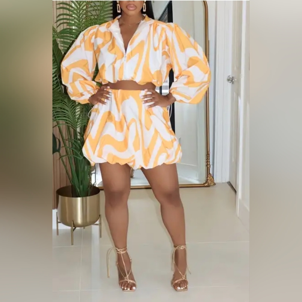 Patterned Two-Piece Cropped Jacket With Bubble Hem Skirt Set
